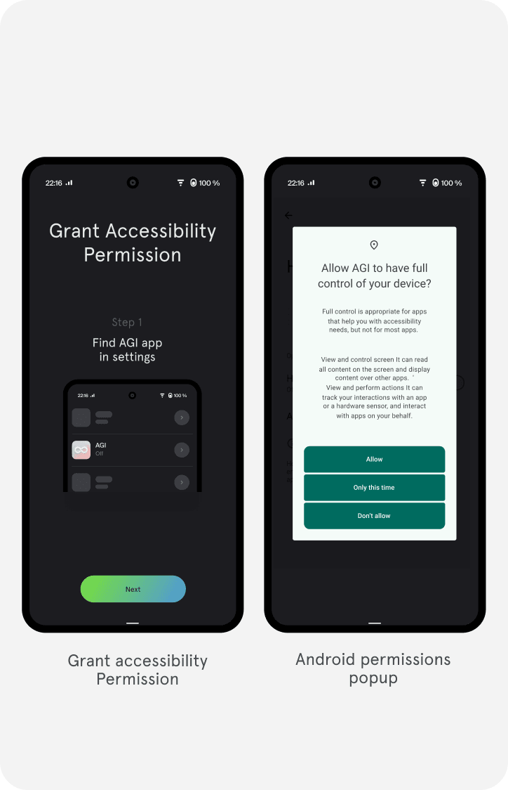 AGI Android permission onboarding phone prototypes
