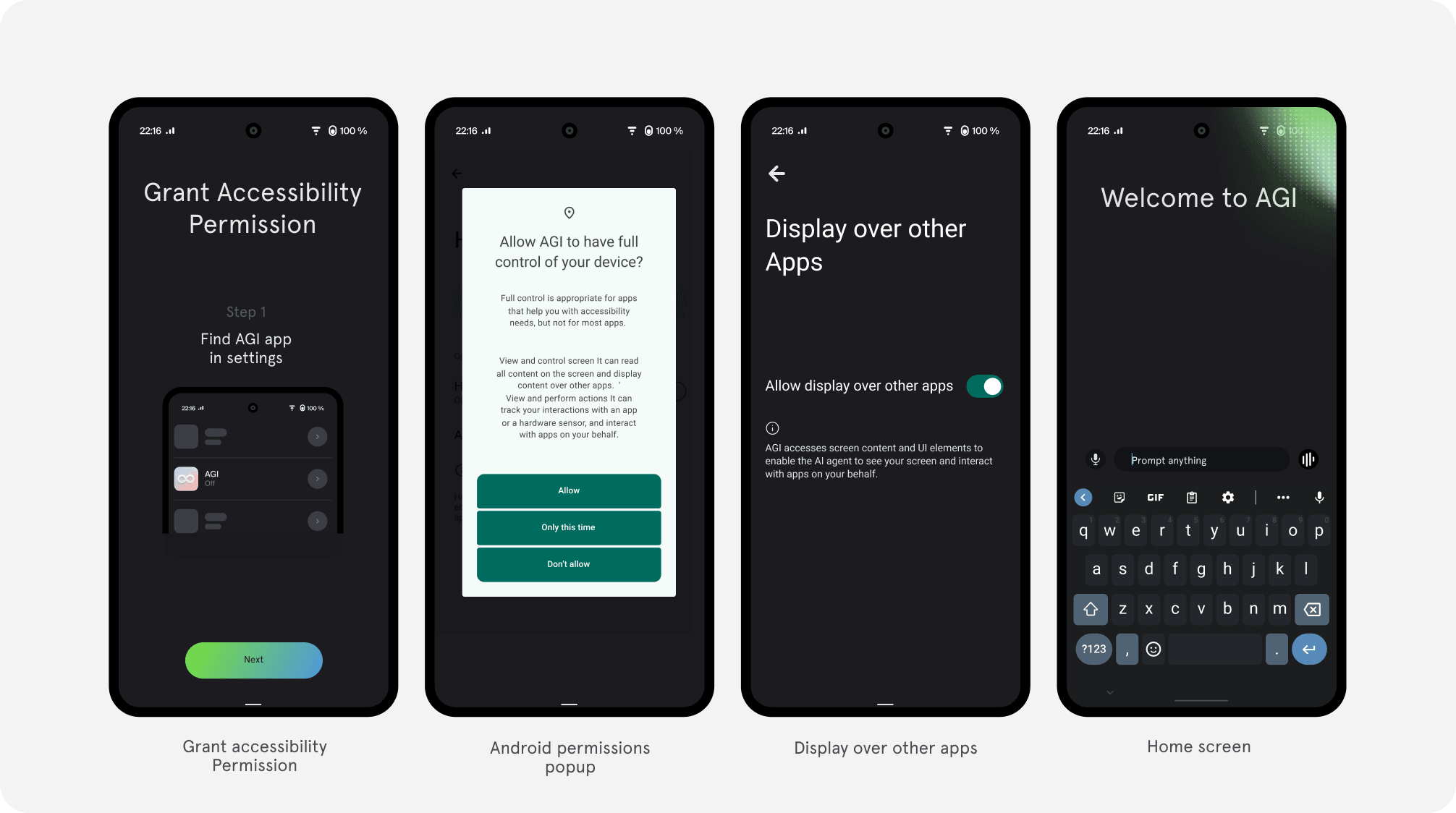 AGI Android permission onboarding phone prototypes