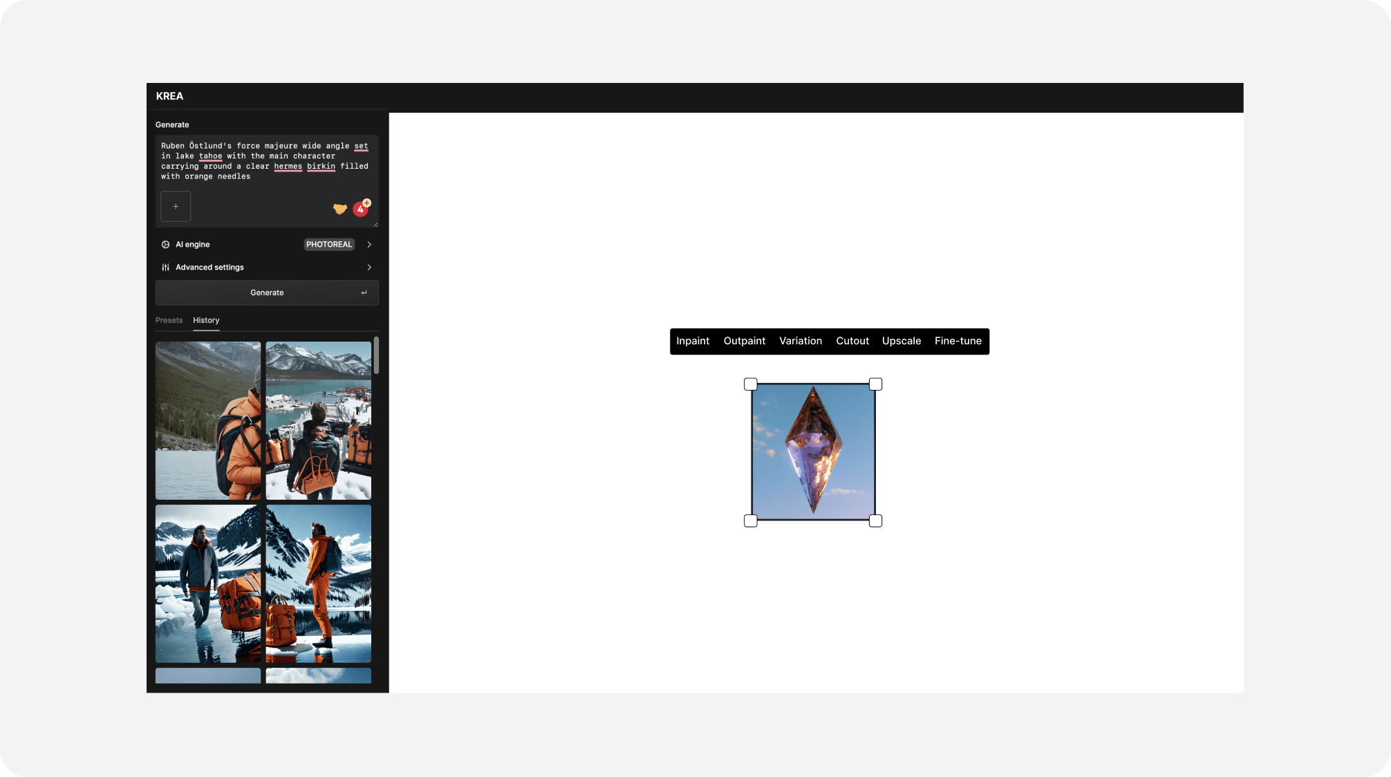 Krea canvas with the inpaint and outpaint selection toolbar